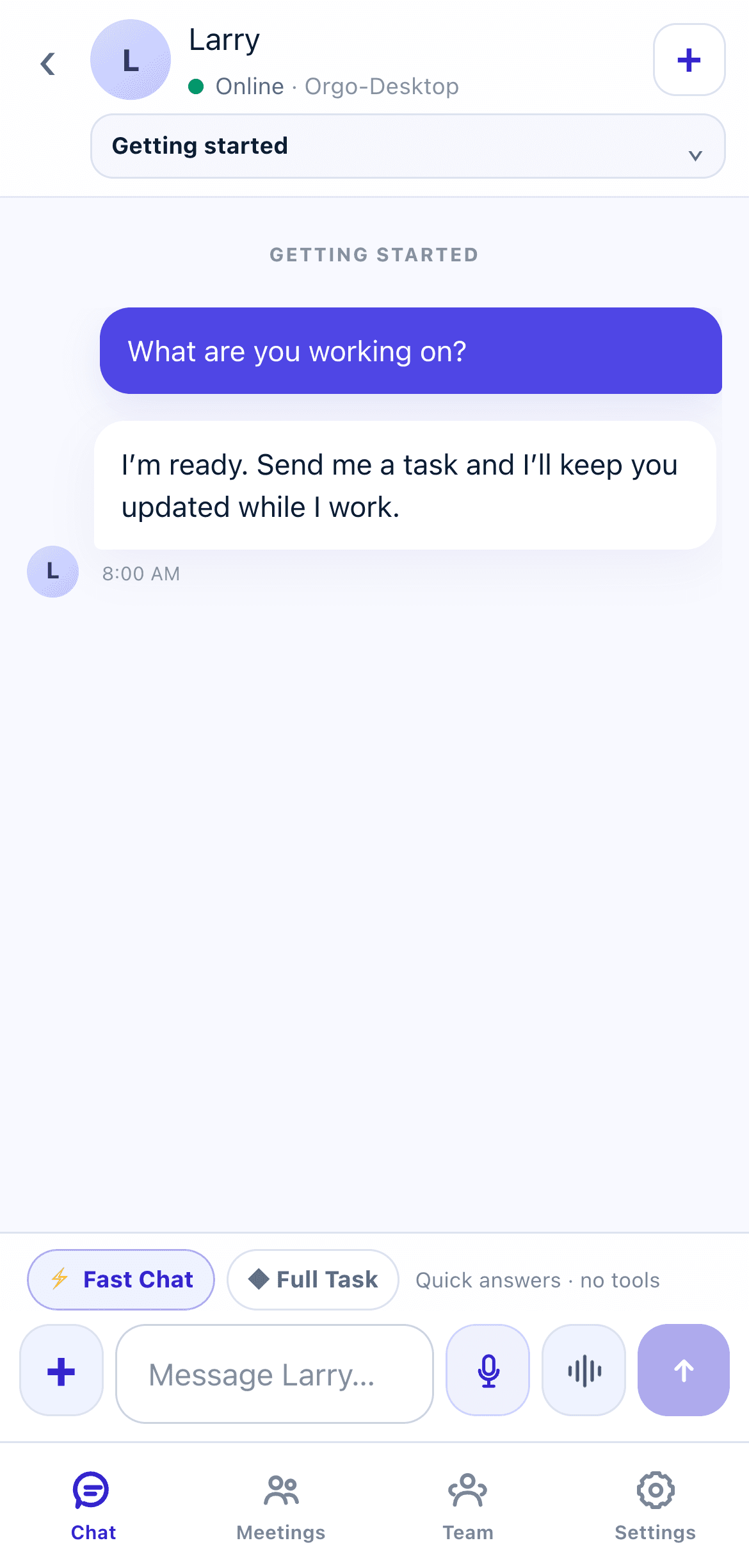 Workforcio chat screen on iPhone, messaging the agent Larry